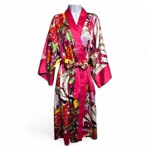NATORI floral satin kimono robe colorful belted housecoat hot pink size large